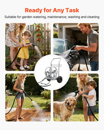 VEVOR Water Hose Reel Cart, 200/300ft High-Pressure Garden Hose Cart, Hoses Reel Carts with Two Wheels, Handle & Heavy-Duty Mesh Storage Basket, Dual-Purpose Portable Hoses Reels for Garden, Car, Pet - View 5
