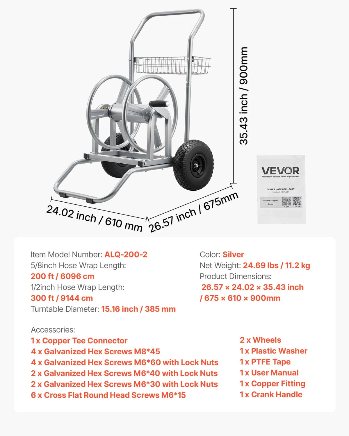 VEVOR Water Hose Reel Cart, 200/300ft High-Pressure Garden Hose Cart, Hoses Reel Carts with Two Wheels, Handle & Heavy-Duty Mesh Storage Basket, Dual-Purpose Portable Hoses Reels for Garden, Car, Pet - View 6