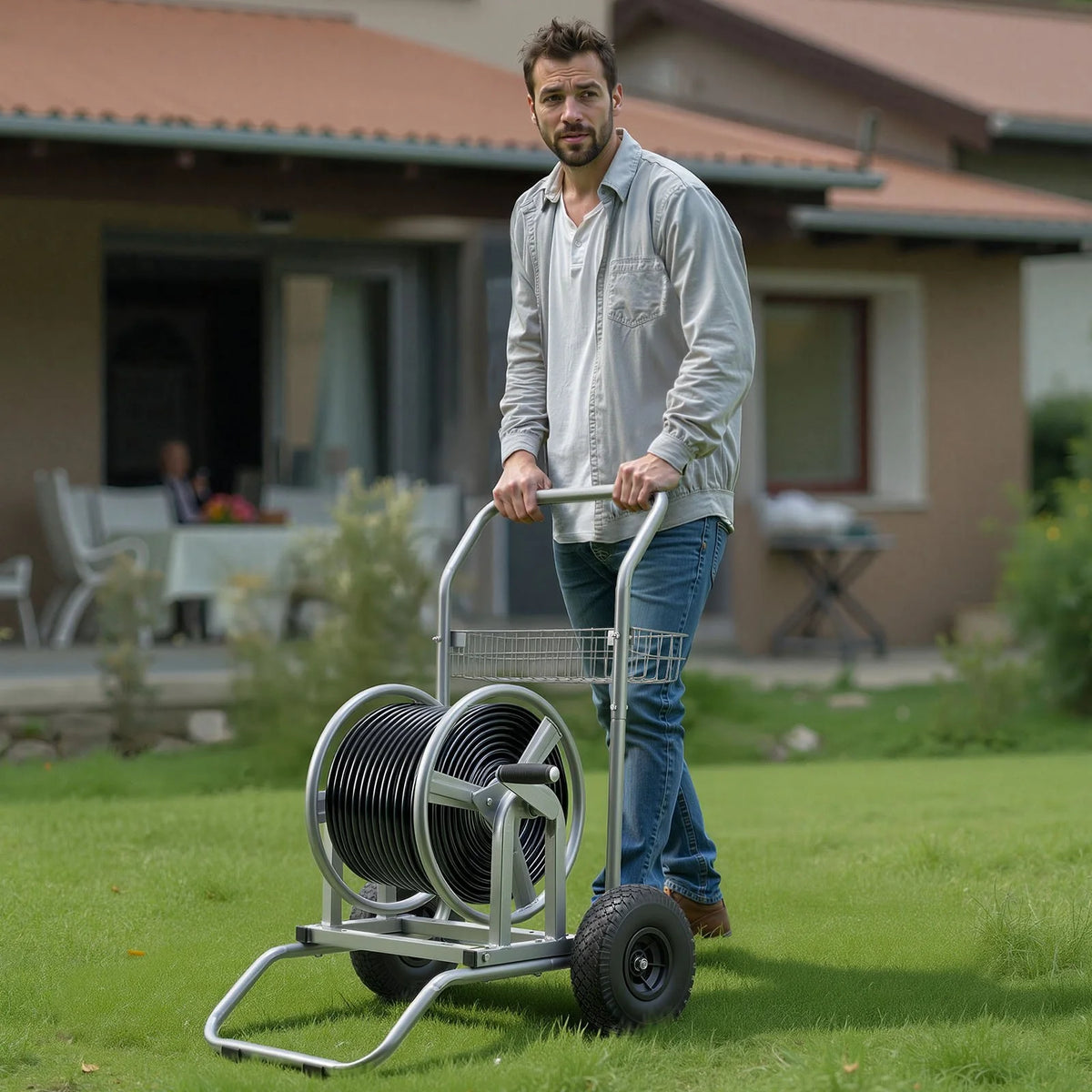 VEVOR Water Hose Reel Cart, 200/300ft High-Pressure Garden Hose Cart, Hoses Reel Carts with Two Wheels, Handle & Heavy-Duty Mesh Storage Basket, Dual-Purpose Portable Hoses Reels for Garden, Car, Pet - View 7