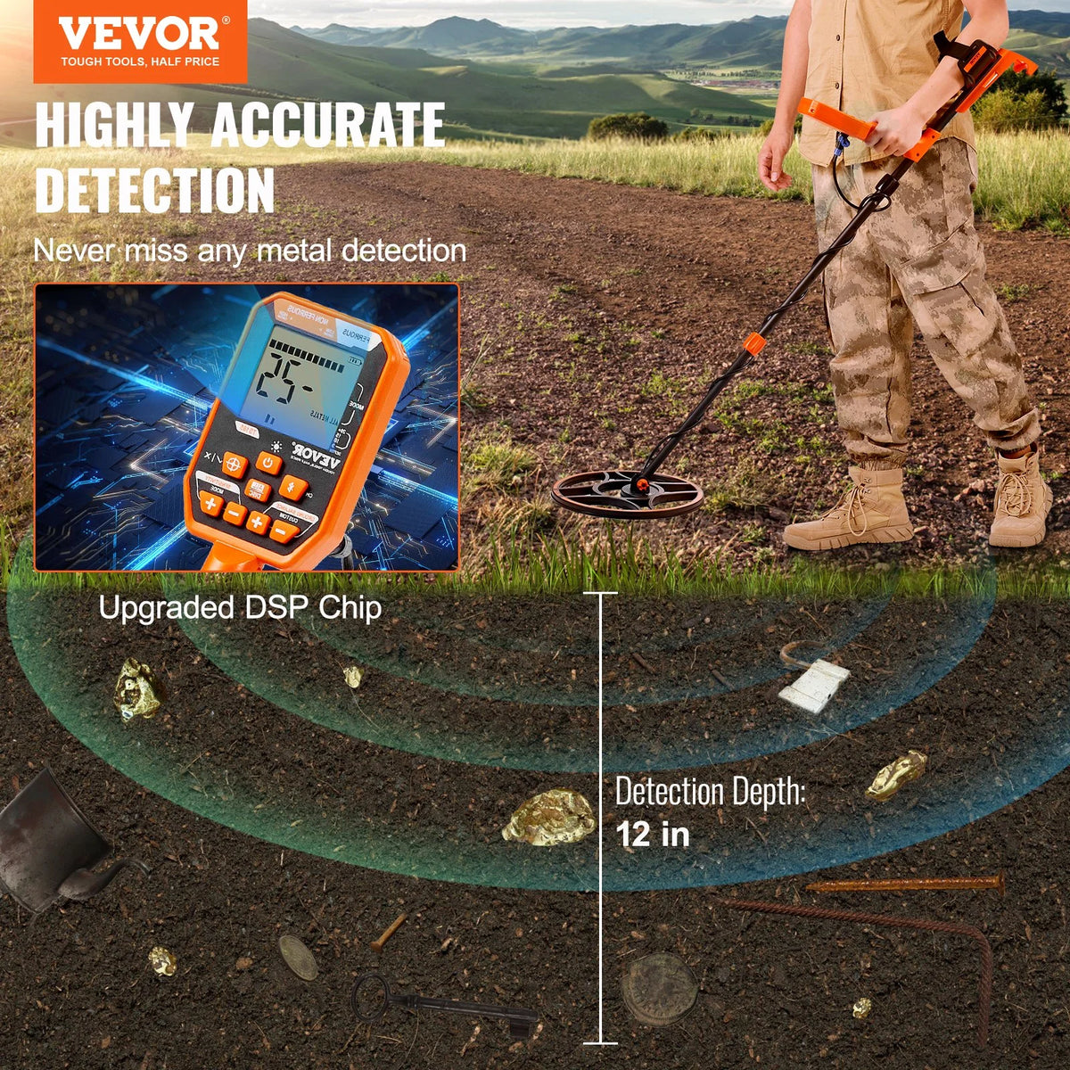 VEVOR Waterproof Metal Detector, 12" Coil, Professional Rechargeable Gold Detector, 39-50 in Adjustable with LCD 7 Modes Advanced DSP Chip Bluetooth Headset, IP68 for Detecting Gold Treasure Hunting - View 2