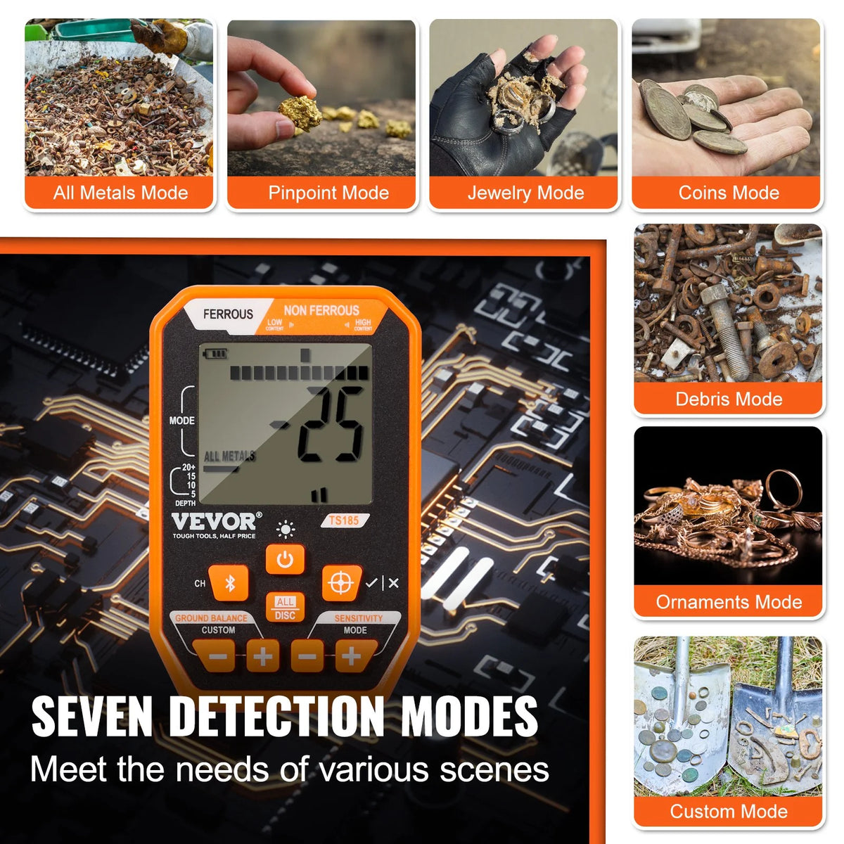 VEVOR Waterproof Metal Detector, 12" Coil, Professional Rechargeable Gold Detector, 39-50 in Adjustable with LCD 7 Modes Advanced DSP Chip Bluetooth Headset, IP68 for Detecting Gold Treasure Hunting - View 5