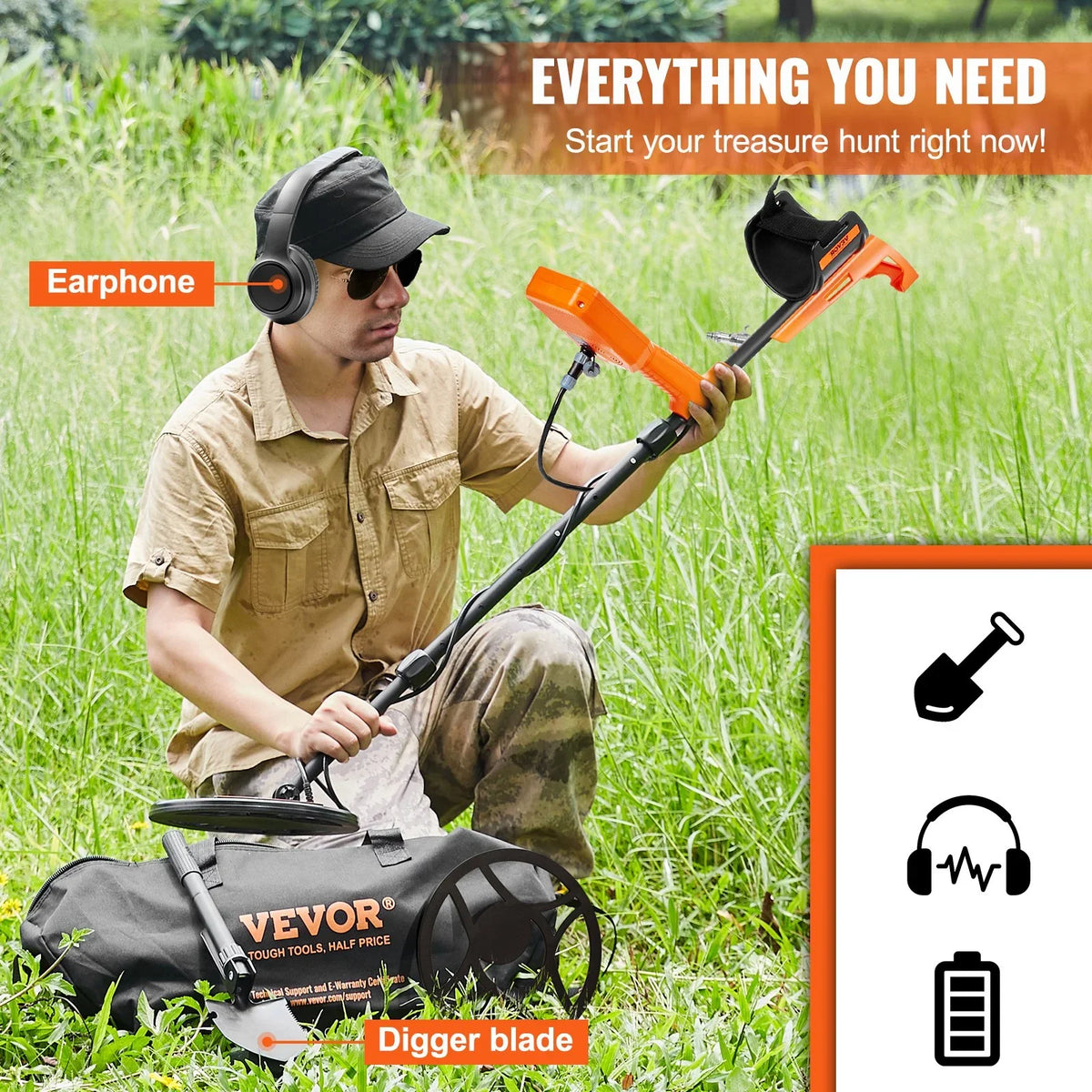 VEVOR Waterproof Metal Detector, 12" Coil, Professional Rechargeable Gold Detector, 39-50 in Adjustable with LCD 7 Modes Advanced DSP Chip Bluetooth Headset, IP68 for Detecting Gold Treasure Hunting - View 6