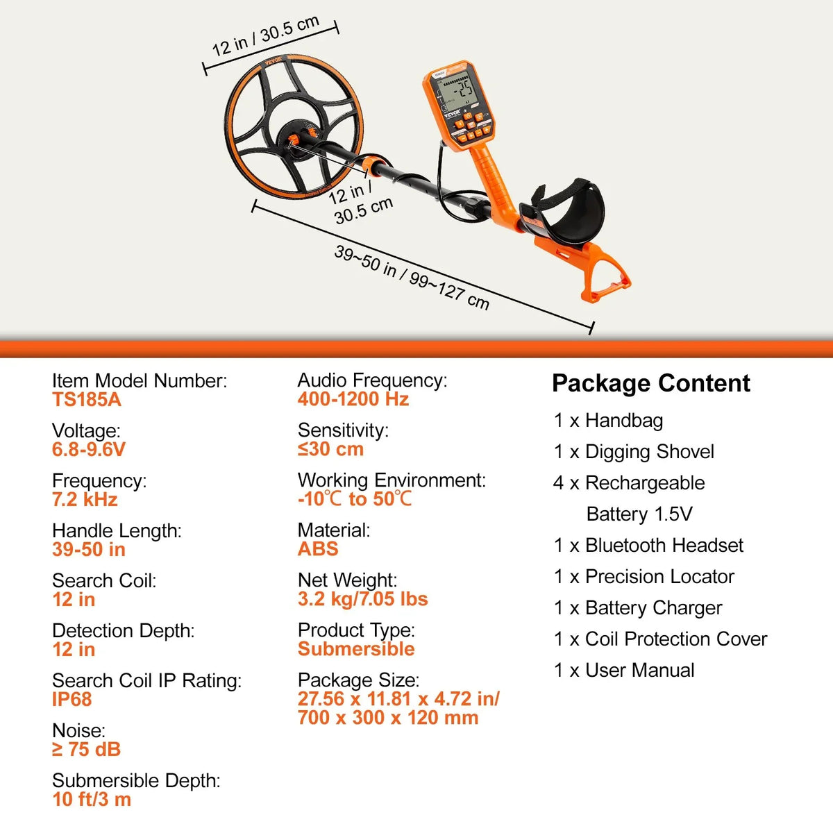 VEVOR Waterproof Metal Detector, 12" Coil, Professional Rechargeable Gold Detector, 39-50 in Adjustable with LCD 7 Modes Advanced DSP Chip Bluetooth Headset, IP68 for Detecting Gold Treasure Hunting - View 7