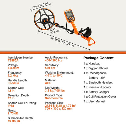 VEVOR Waterproof Metal Detector, 12" Coil, Professional Rechargeable Gold Detector, 39-50 in Adjustable with LCD 7 Modes Advanced DSP Chip Bluetooth Headset, IP68 for Detecting Gold Treasure Hunting - View 7