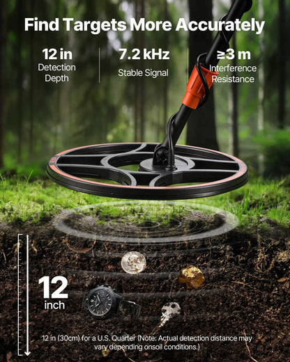 VEVOR Waterproof Metal Detector, 12", Professional High Accuracy Gold Detector for Adults, with Display, Wireless Headphones, 7 Modes, Adjustable Length, for Detecting Gold Treasure Hunting, IP68