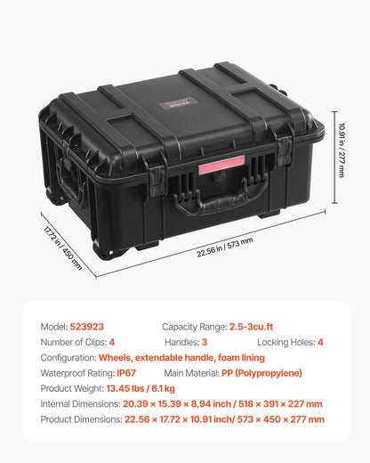 VEVOR Weatherproof Hard Case, Heavy Duty Protective Dry Box Case with Pre-Cut Foam, Wheels & Retractable Pull Handles for Travel, Hunt, Military, Tactical, IP67 Waterproof Case for Cameras(57x45x28) - View 6