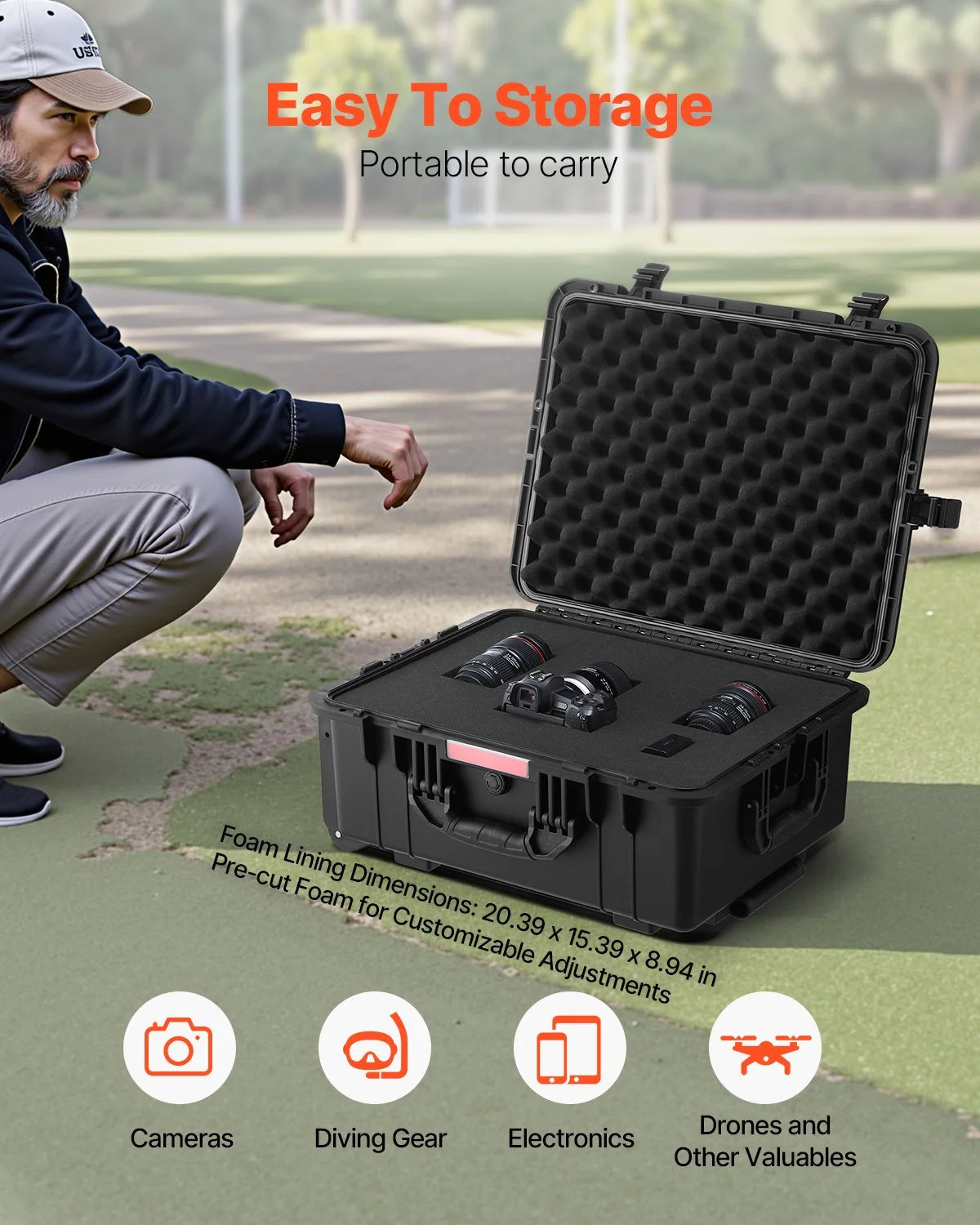 VEVOR Weatherproof Hard Case, Heavy Duty Protective Dry Box Case with Pre-Cut Foam, Wheels & Retractable Pull Handles for Travel, Hunt, Military, Tactical, IP67 Waterproof Case for Cameras(57x45x28) - View 2