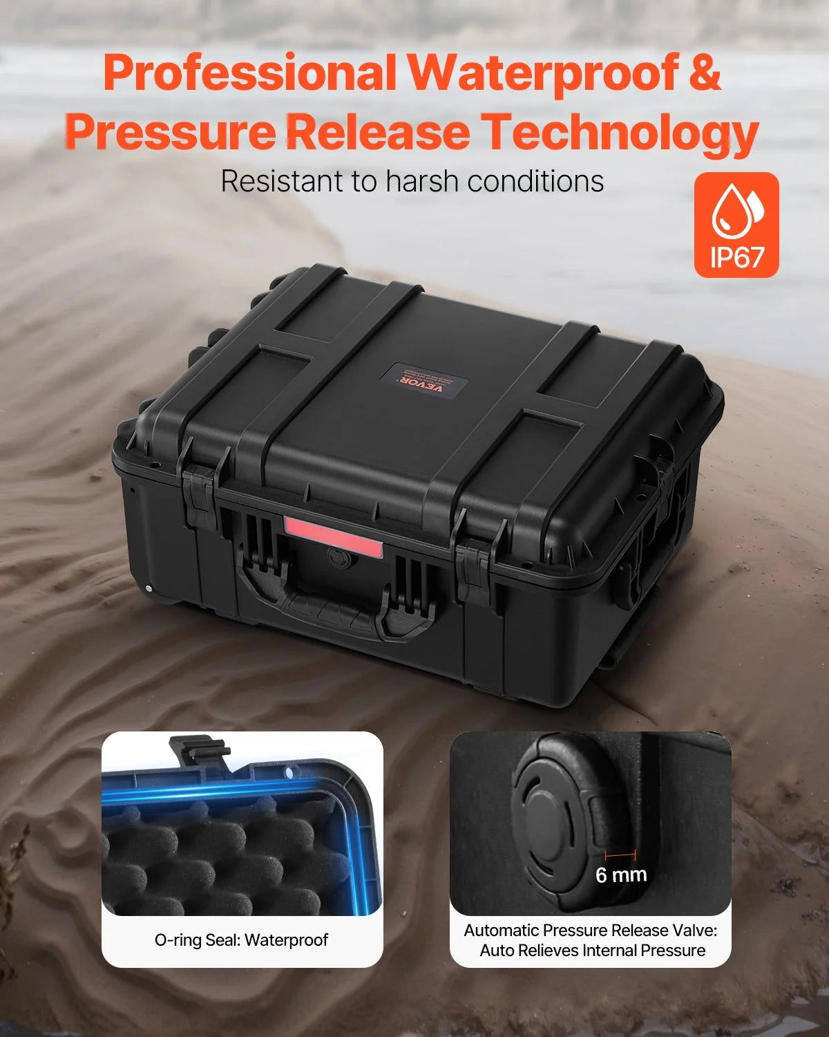 VEVOR Weatherproof Hard Case, Heavy Duty Protective Dry Box Case with Pre-Cut Foam, Wheels & Retractable Pull Handles for Travel, Hunt, Military, Tactical, IP67 Waterproof Case for Cameras(57x45x28) - View 3