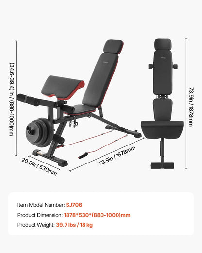 VEVOR Weight Bench, 800lbs Adjustable Weight Bench Press for Full Body Workout, Exercise Sit up Bench for Home Gym Strength Training, Flat Bench with with Leg Extension, Preacher Pad, Fast Adjustment - View 6