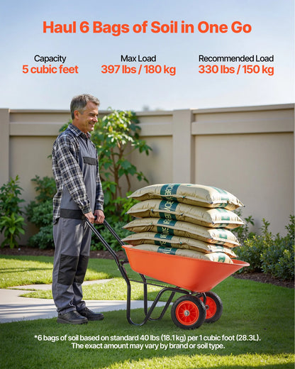 VEVOR Wheelbarrow Cart, 5 Cu. Ft. Load & 397 lbs Capacity, 2 Wheels Garden Dump Cart, Garden Wagon with Handle &  10"  Wide Track Wheels, Easy Loading Utility Yard Cart & Wagons for Outdoor Lawn Yard - View 13