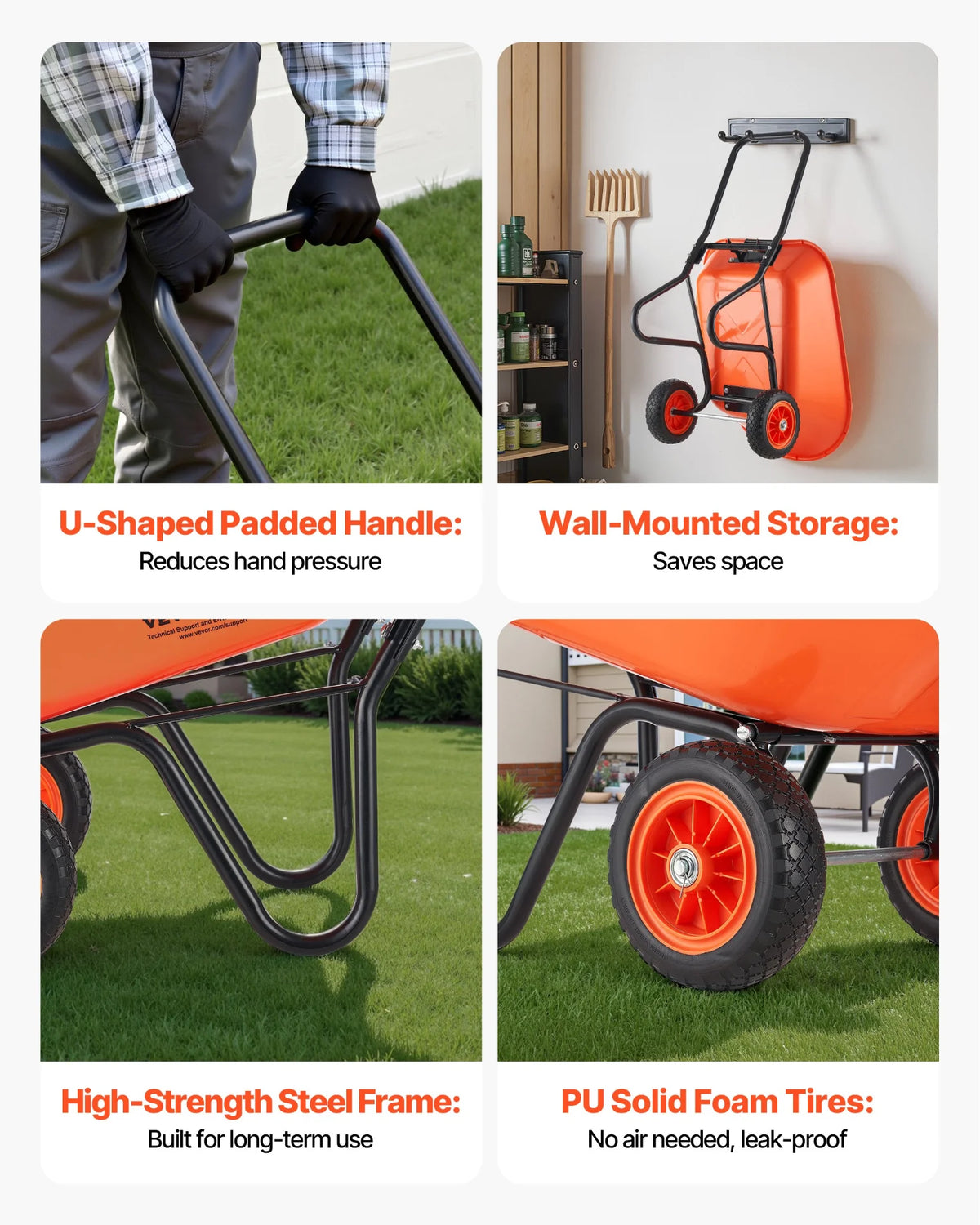 VEVOR Wheelbarrow Cart, 5 Cu. Ft. Load & 397 lbs Capacity, 2 Wheels Garden Dump Cart, Garden Wagon with Handle &  10"  Wide Track Wheels, Easy Loading Utility Yard Cart & Wagons for Outdoor Lawn Yard - View 15