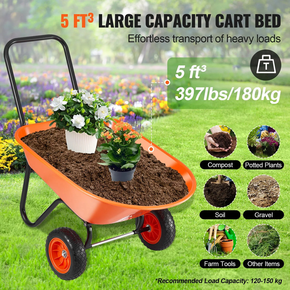 VEVOR Wheelbarrow Cart, 5 Cu. Ft. Load & 397 lbs Capacity, 2 Wheels Garden Dump Cart, Garden Wagon with Handle &  10"  Wide Track Wheels, Easy Loading Utility Yard Cart & Wagons for Outdoor Lawn Yard - View 3