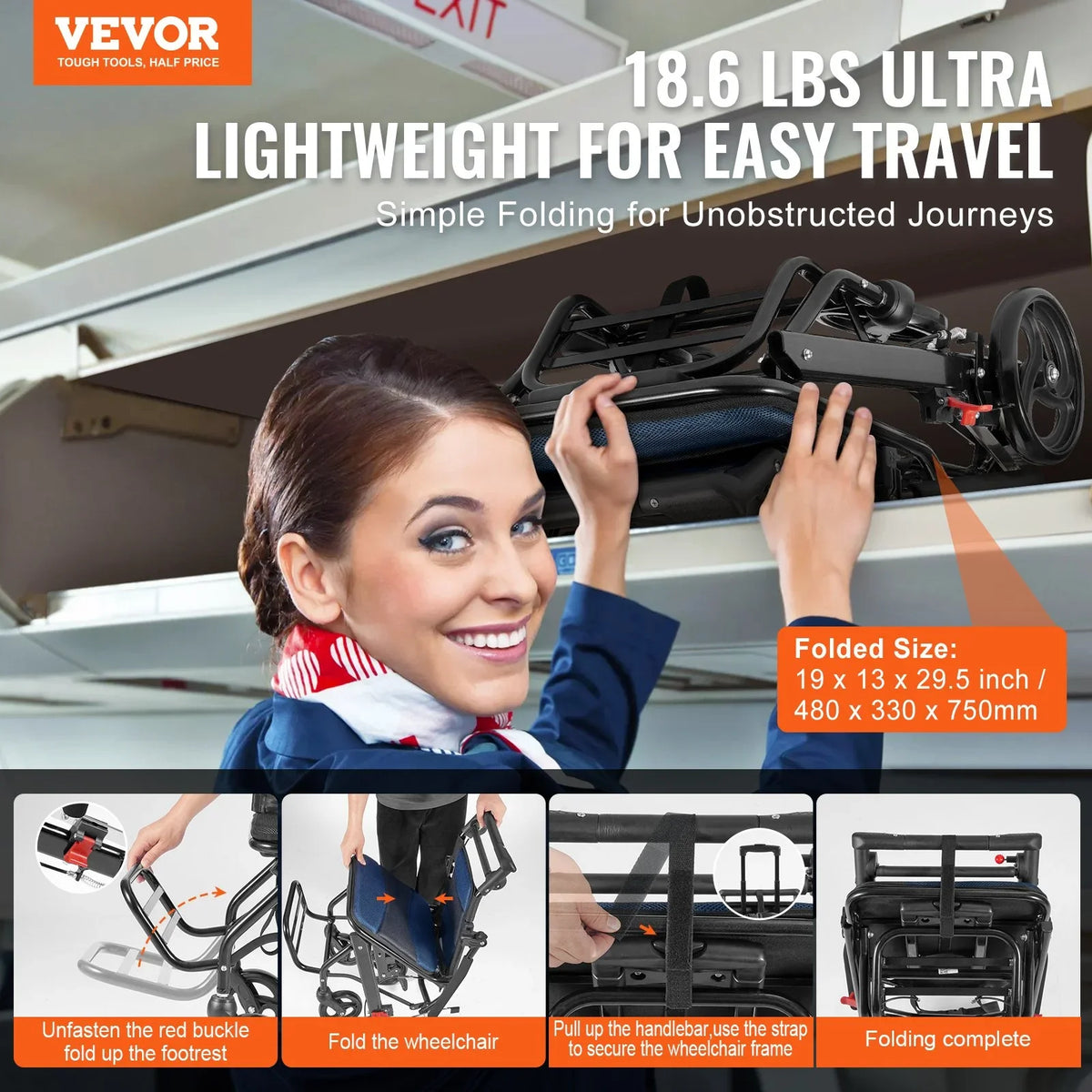 VEVOR Wheelchair, Aluminum Alloy Ultra-Lightweight Transport Chair for Adults, Foldable Cabin Wheelchair with Flip-Back Desk-Length Arms, Self-locking Brake, 15.75-Inch Wide Seat, 220lbs Load