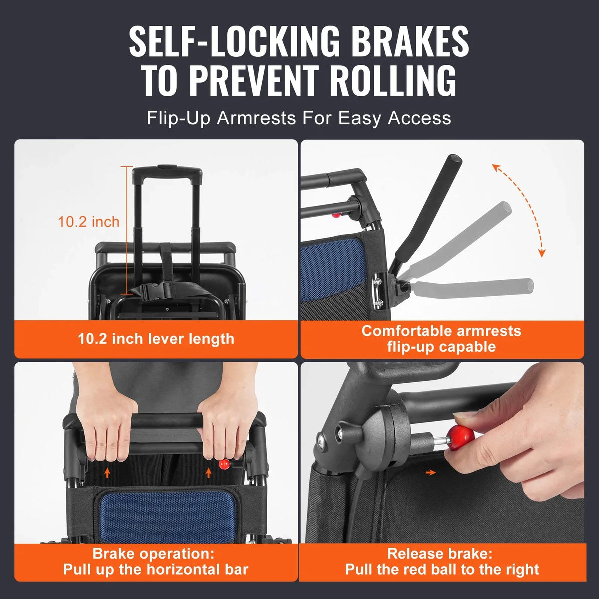 VEVOR Wheelchair, Aluminum Alloy Ultra-Lightweight Transport Chair for Adults, Foldable Cabin Wheelchair with Flip-Back Desk-Length Arms, Self-locking Brake, 15.75-Inch Wide Seat, 220lbs Load - View 2