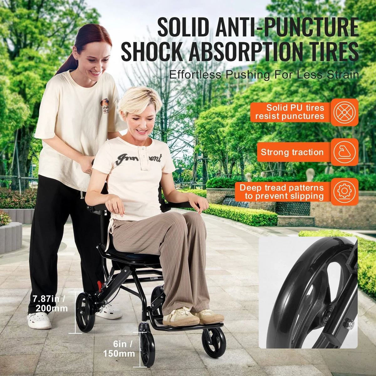 VEVOR Wheelchair, Aluminum Alloy Ultra-Lightweight Transport Chair for Adults, Foldable Cabin Wheelchair with Flip-Back Desk-Length Arms, Self-locking Brake, 15.75-Inch Wide Seat, 220lbs Load - View 3