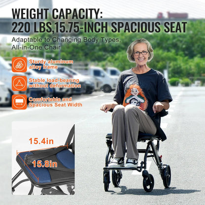 VEVOR Wheelchair, Aluminum Alloy Ultra-Lightweight Transport Chair for Adults, Foldable Cabin Wheelchair with Flip-Back Desk-Length Arms, Self-locking Brake, 15.75-Inch Wide Seat, 220lbs Load - View 4
