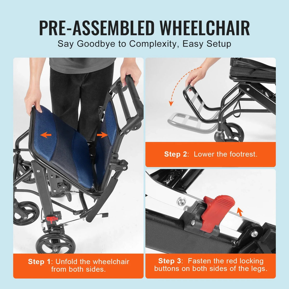 VEVOR Wheelchair, Aluminum Alloy Ultra-Lightweight Transport Chair for Adults, Foldable Cabin Wheelchair with Flip-Back Desk-Length Arms, Self-locking Brake, 15.75-Inch Wide Seat, 220lbs Load - View 5