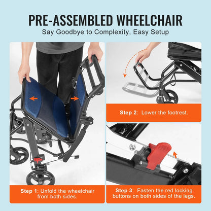 VEVOR Wheelchair, Aluminum Alloy Ultra-Lightweight Transport Chair for Adults, Foldable Cabin Wheelchair with Flip-Back Desk-Length Arms, Self-locking Brake, 15.75-Inch Wide Seat, 220lbs Load - View 5
