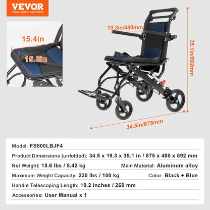 VEVOR Wheelchair, Aluminum Alloy Ultra-Lightweight Transport Chair for Adults, Foldable Cabin Wheelchair with Flip-Back Desk-Length Arms, Self-locking Brake, 15.75-Inch Wide Seat, 220lbs Load - View 6