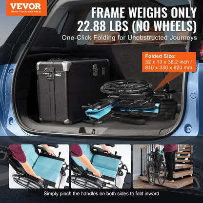 VEVOR Wheelchair, Durable Aluminum Alloy Ultra-Lightweight Wheelchairs, Portable Wheelchair with Flip-Back Desk-Length Arms, 3-Position Adjustable Footrests, 18-Inch Wide Seat, 250lbs Weight Capacity - View 2