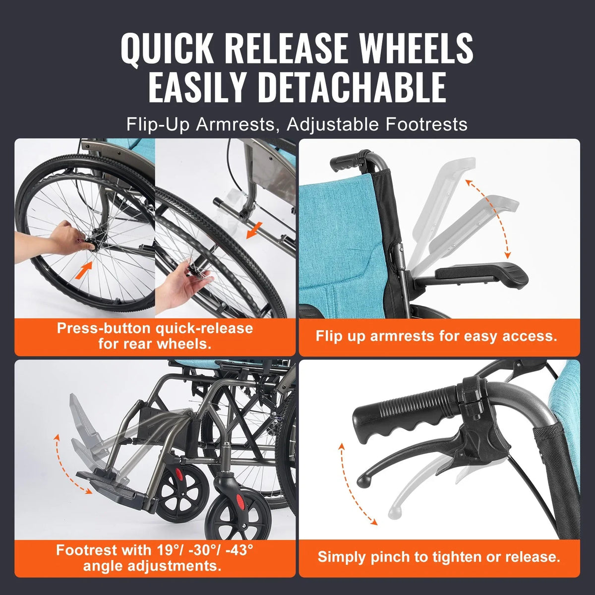 VEVOR Wheelchair, Durable Aluminum Alloy Ultra-Lightweight Wheelchairs, Portable Wheelchair with Flip-Back Desk-Length Arms, 3-Position Adjustable Footrests, 18-Inch Wide Seat, 250lbs Weight Capacity - View 3