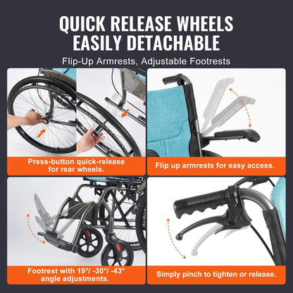 VEVOR Wheelchair, Durable Aluminum Alloy Ultra-Lightweight Wheelchairs, Portable Wheelchair with Flip-Back Desk-Length Arms, 3-Position Adjustable Footrests, 18-Inch Wide Seat, 250lbs Weight Capacity - View 3