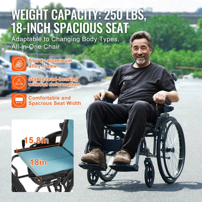 VEVOR Wheelchair, Durable Aluminum Alloy Ultra-Lightweight Wheelchairs, Portable Wheelchair with Flip-Back Desk-Length Arms, 3-Position Adjustable Footrests, 18-Inch Wide Seat, 250lbs Weight Capacity - View 5