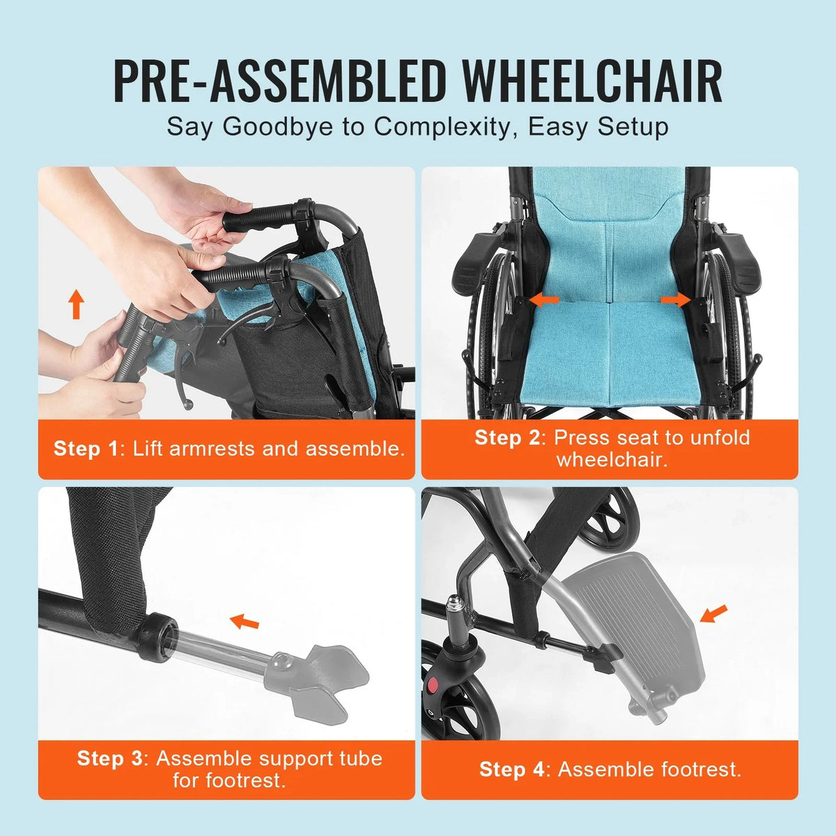 VEVOR Wheelchair, Durable Aluminum Alloy Ultra-Lightweight Wheelchairs, Portable Wheelchair with Flip-Back Desk-Length Arms, 3-Position Adjustable Footrests, 18-Inch Wide Seat, 250lbs Weight Capacity - View 6
