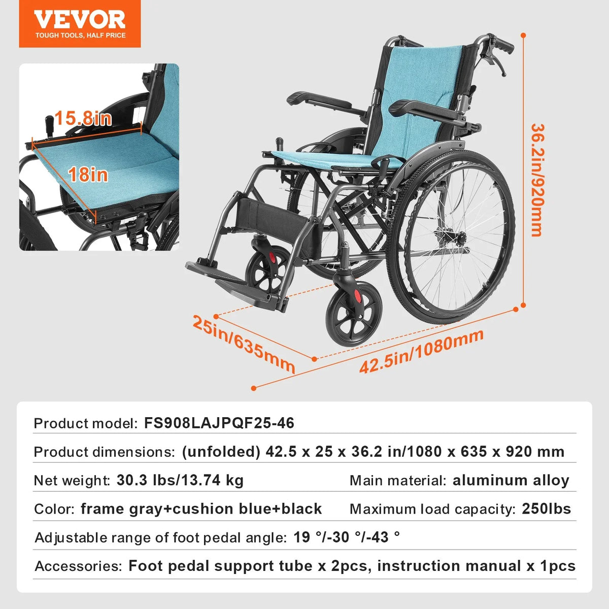 VEVOR Wheelchair, Durable Aluminum Alloy Ultra-Lightweight Wheelchairs, Portable Wheelchair with Flip-Back Desk-Length Arms, 3-Position Adjustable Footrests, 18-Inch Wide Seat, 250lbs Weight Capacity - View 7