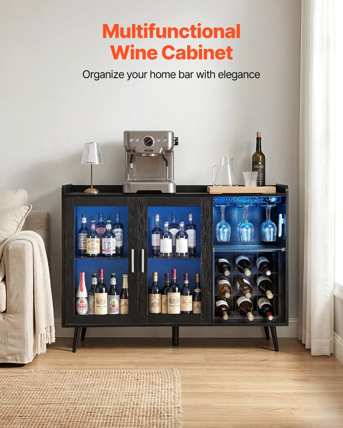 VEVOR Wine Cabinet, Coffee Bar Cabinet with 9 Wine Bottle Racks, Modern Buffet Sideboard with Glass Holder, Adjustable LED Brightness, for Home Kitchen, Living Room, Dining Room, Black Wood Grain - View 2