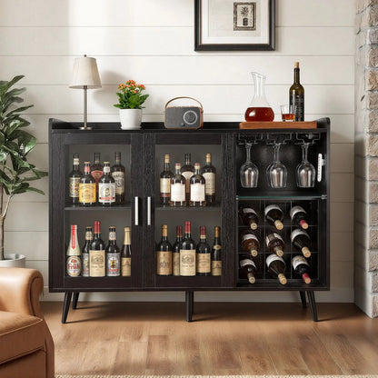 VEVOR Wine Cabinet, Coffee Bar Cabinet with 9 Wine Bottle Racks, Modern Buffet Sideboard with Glass Holder, Adjustable LED Brightness, for Home Kitchen, Living Room, Dining Room, Black Wood Grain - View 7