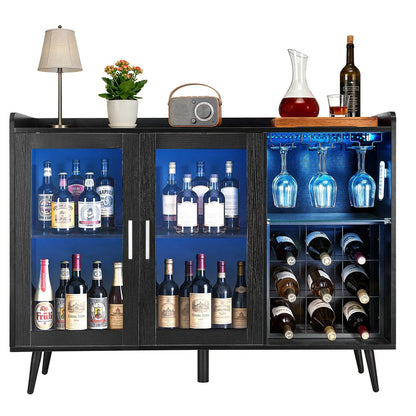 VEVOR Wine Cabinet, Coffee Bar Cabinet with 9 Wine Bottle Racks, Modern Buffet Sideboard with Glass Holder, Adjustable LED Brightness, for Home Kitchen, Living Room, Dining Room, Black Wood Grain - View 8
