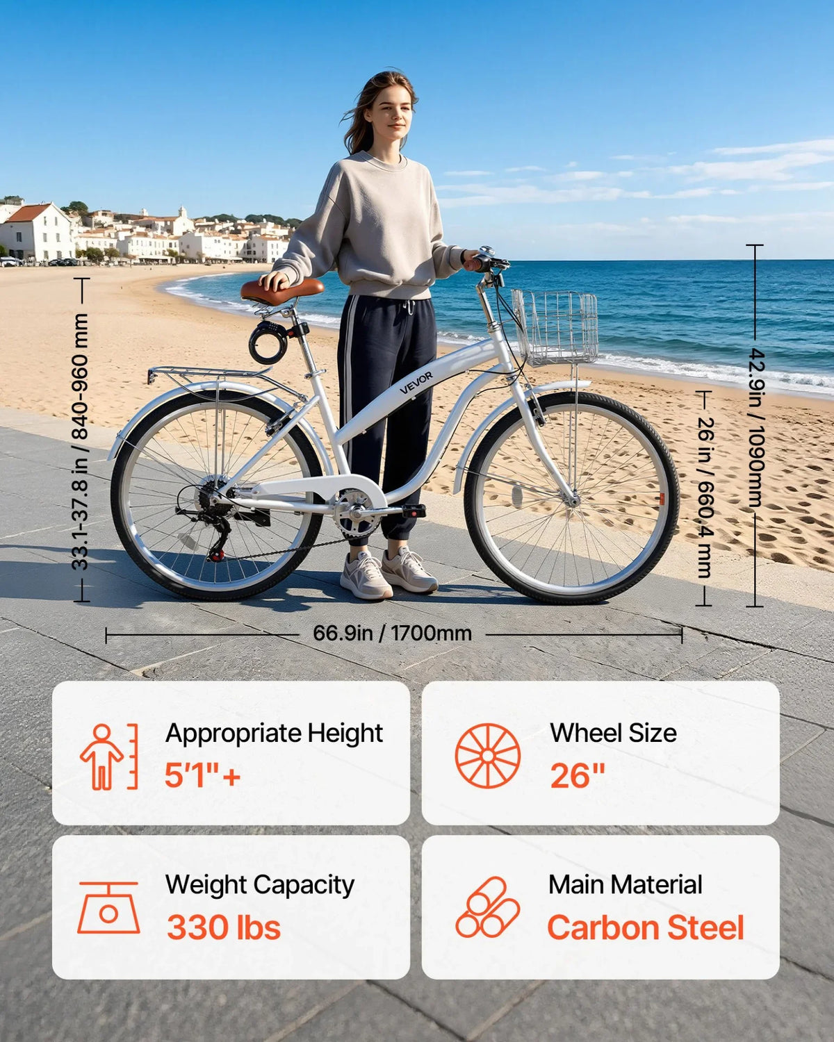 VEVOR Women Bike, 26 in Beach Cruiser Bike, 7-Speed Adult City Bicycle with Carbon Steel Frame, 330 lbs Capacity, Basket, Rear Rack & Dual V-Brakes, White - View 2