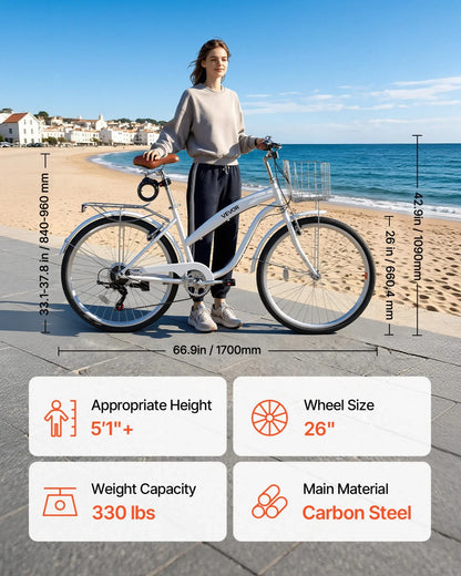VEVOR Women Bike, 26 in Beach Cruiser Bike, 7-Speed Adult City Bicycle with Carbon Steel Frame, 330 lbs Capacity, Basket, Rear Rack & Dual V-Brakes, White - View 2