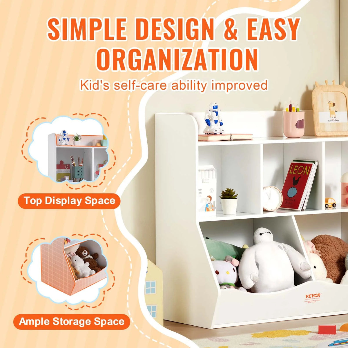 VEVOR Wood Kid Storage Cubby, Toy Storage Organizer with Bookshelf, 5-Cubby Wood Toy Storage Cabinet, Children Book Toy Shelf for Kids Room, Playroom, Kindergarten, Nursery, White - View 5