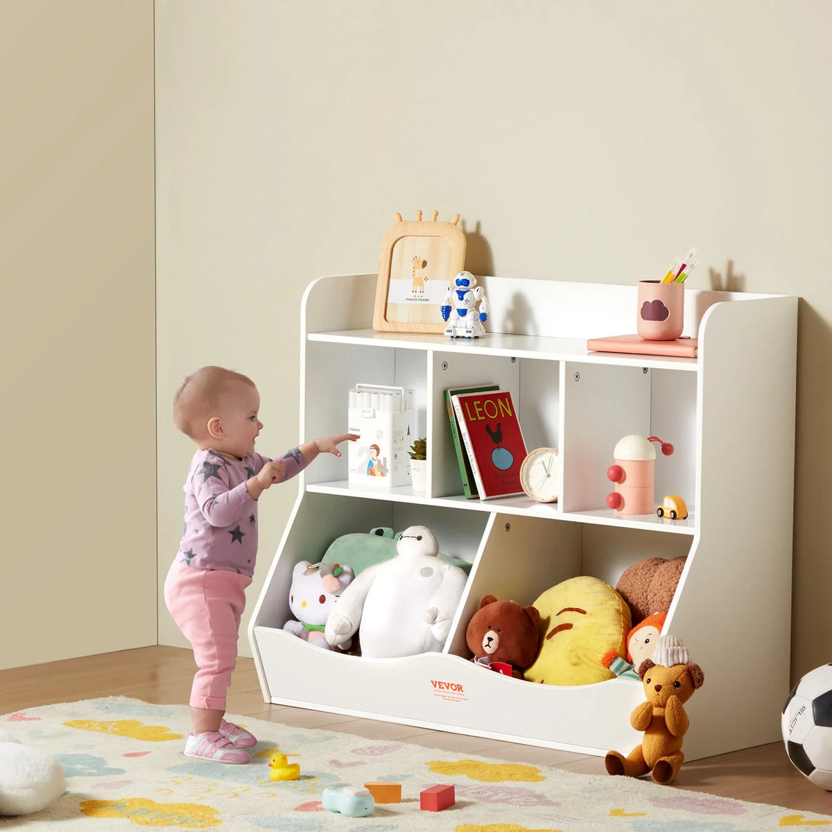 VEVOR Wood Kid Storage Cubby, Toy Storage Organizer with Bookshelf, 5-Cubby Wood Toy Storage Cabinet, Children Book Toy Shelf for Kids Room, Playroom, Kindergarten, Nursery, White - View 7