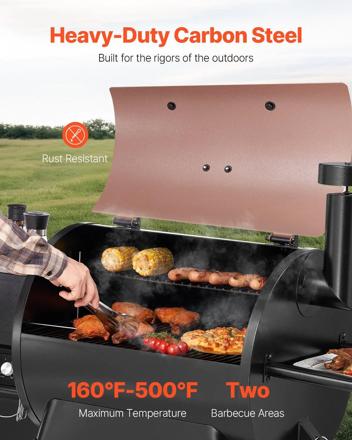 VEVOR Wood Pellet Grill Smoker, 8 in 1 BBQ Grills for Outdoor Cooking, 575 Square Inches Cook Area Electric Grill and Smoker, with LCD Screen Controller, Meat Probe, 500°F Max Temperature, Black - View 2