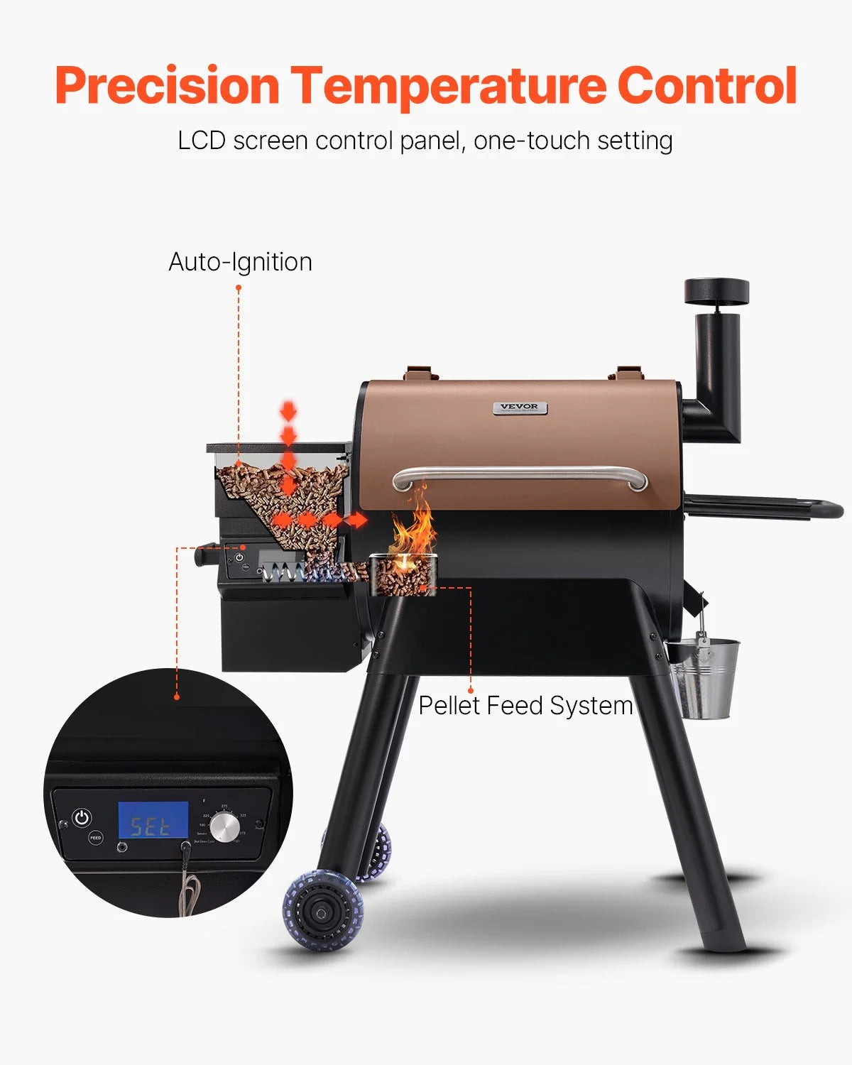 VEVOR Wood Pellet Grill Smoker, 8 in 1 BBQ Grills for Outdoor Cooking, 575 Square Inches Cook Area Electric Grill and Smoker, with LCD Screen Controller, Meat Probe, 500°F Max Temperature, Black - View 3