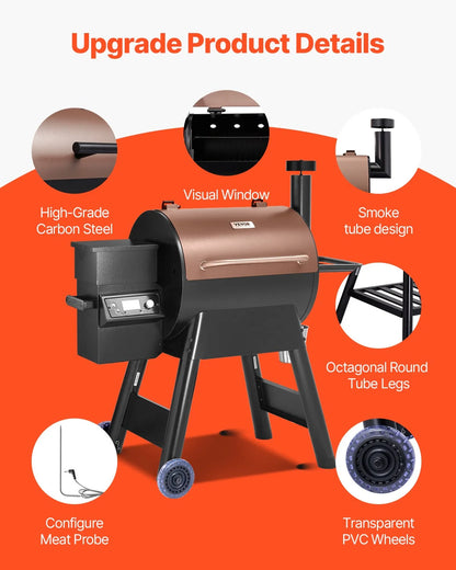 VEVOR Wood Pellet Grill Smoker, 8 in 1 BBQ Grills for Outdoor Cooking, 575 Square Inches Cook Area Electric Grill and Smoker, with LCD Screen Controller, Meat Probe, 500°F Max Temperature, Black - View 5