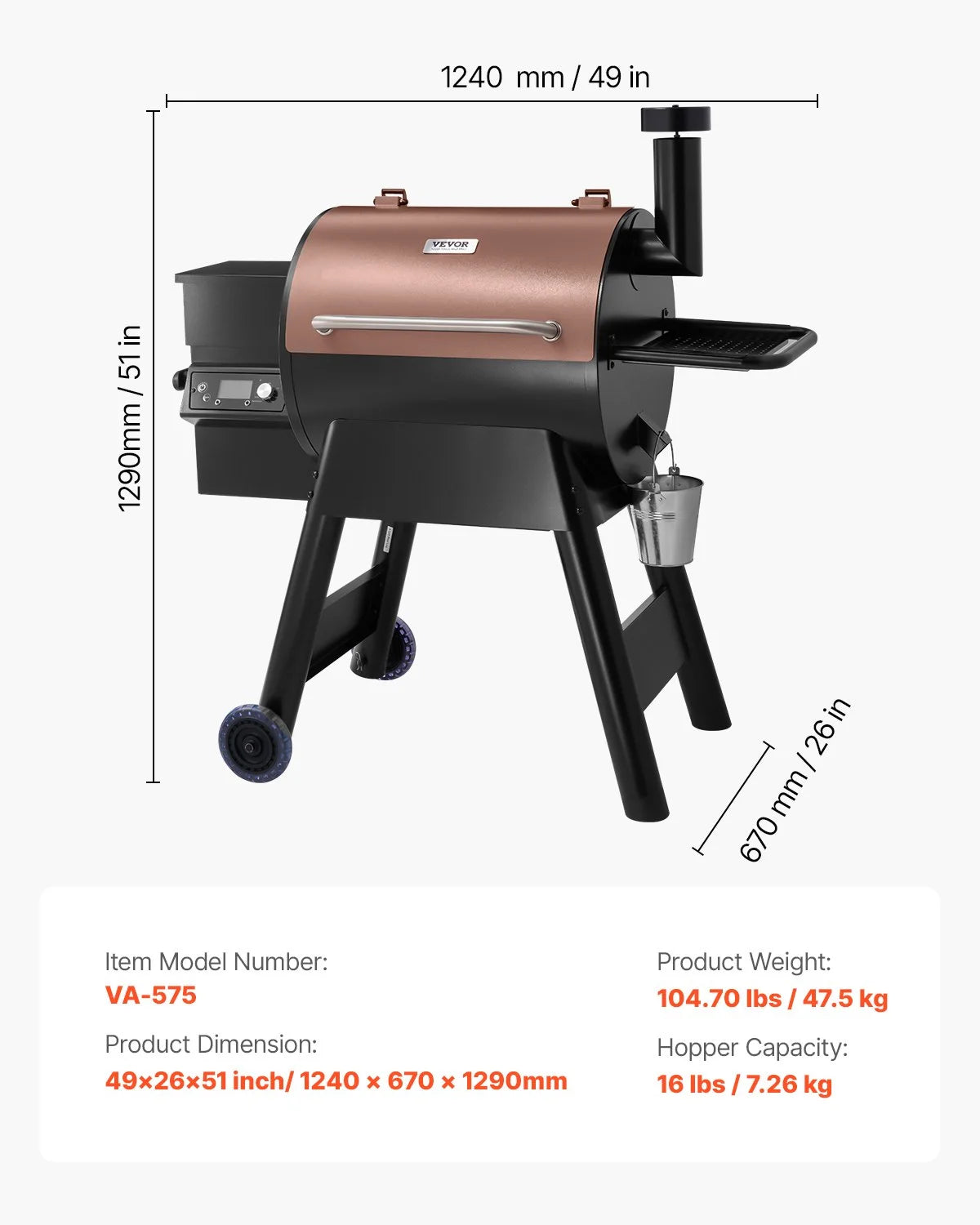 VEVOR Wood Pellet Grill Smoker, 8 in 1 BBQ Grills for Outdoor Cooking, 575 Square Inches Cook Area Electric Grill and Smoker, with LCD Screen Controller, Meat Probe, 500°F Max Temperature, Black - View 7