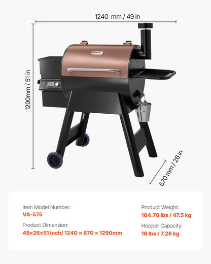 VEVOR Wood Pellet Grill Smoker, 8 in 1 BBQ Grills for Outdoor Cooking, 575 Square Inches Cook Area Electric Grill and Smoker, with LCD Screen Controller, Meat Probe, 500°F Max Temperature, Black - View 7