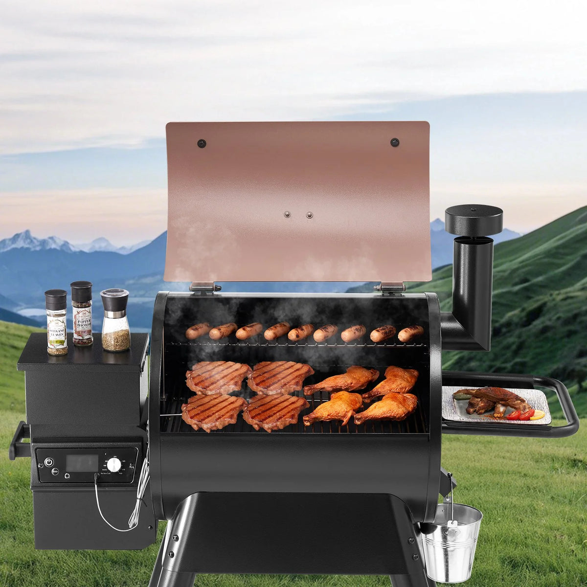 VEVOR Wood Pellet Grill Smoker, 8 in 1 BBQ Grills for Outdoor Cooking, 575 Square Inches Cook Area Electric Grill and Smoker, with LCD Screen Controller, Meat Probe, 500°F Max Temperature, Black - View 8