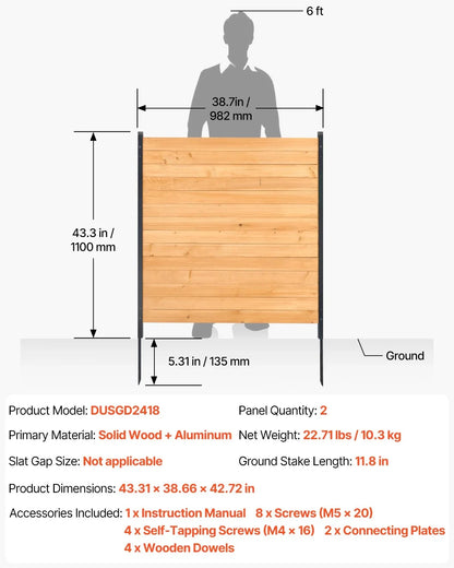 VEVOR Wood Privacy Fence, 38" W x 42" L, 2 Panel Solid Air Conditioner Fence Screen, Pool Equipment Enclosure with Metal Stakes, Easy DIY Installation, Outdoor Trash Can Hider for Garden Decoration - View 6