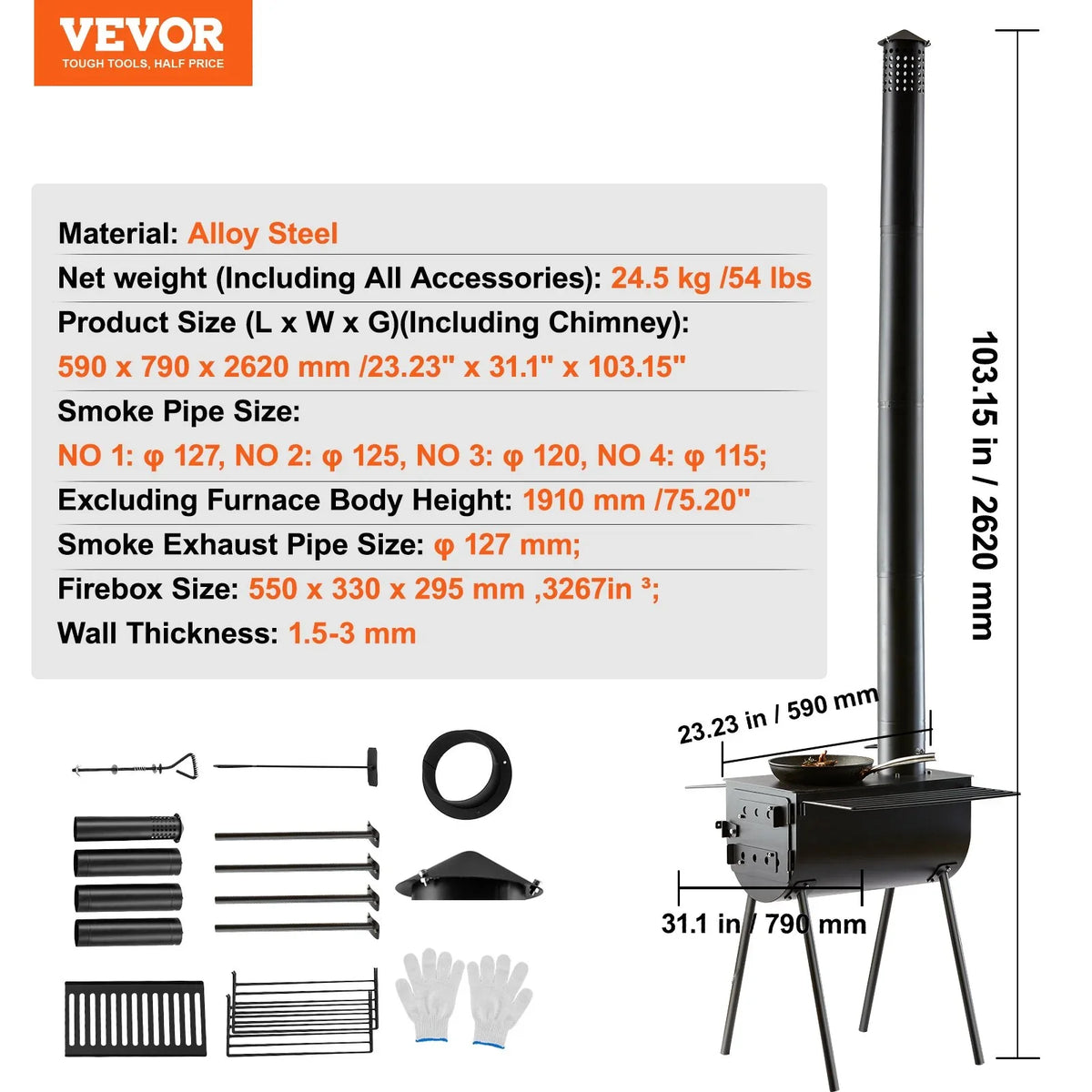 VEVOR Wood Stove, 118 inch, Alloy Steel Camping Tent Stove, Portable Wood Burning Stove with Chimney Pipes & Gloves, 3000in³Firebox Hot Tent Stove for Outdoor Cooking and Heating with 8 Pipes - View 11
