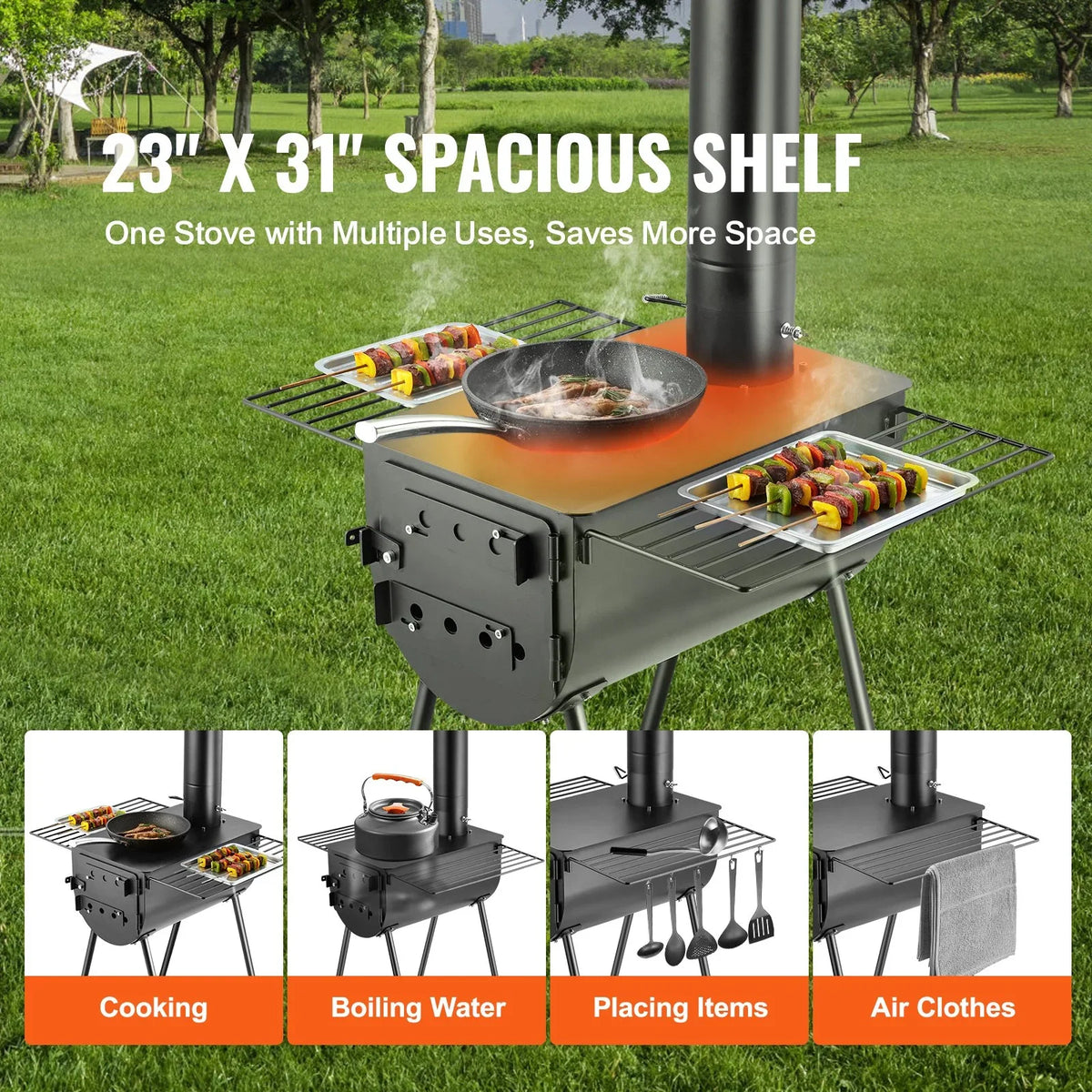 VEVOR Wood Stove, 118 inch, Alloy Steel Camping Tent Stove, Portable Wood Burning Stove with Chimney Pipes & Gloves, 3000in³Firebox Hot Tent Stove for Outdoor Cooking and Heating with 8 Pipes - View 2