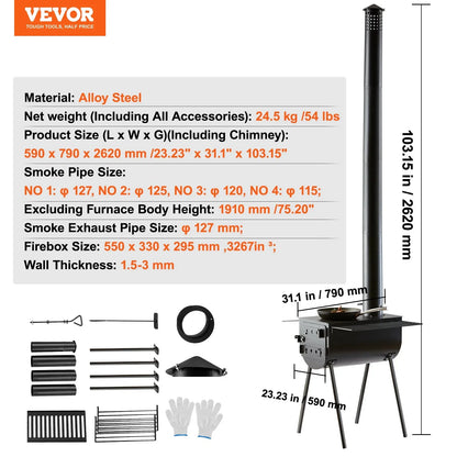 VEVOR Wood Stove, 118 inch, Alloy Steel Camping Tent Stove, Portable Wood Burning Stove with Chimney Pipes & Gloves, 3000in³Firebox Hot Tent Stove for Outdoor Cooking and Heating with 8 Pipes - View 6