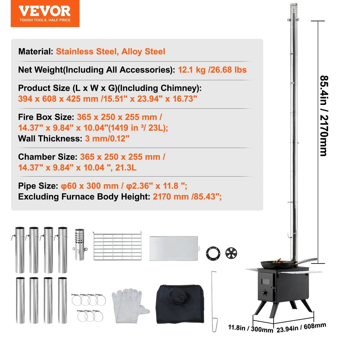 VEVOR Wood Stove, 86 inch, Alloy Steel Camping Tent Stove, Portable Wood Burning Stove with Chimney Pipes & Gloves, 1400in³Firebox Hot Tent Stove for Outdoor Cooking and Heating with 8 Pipes - View 6