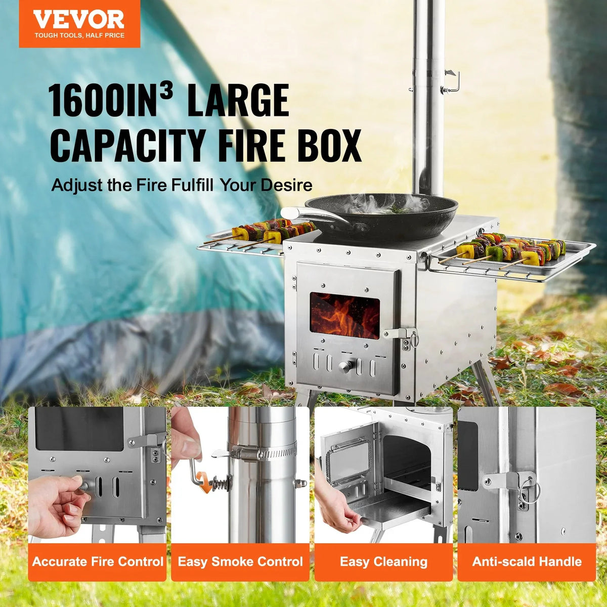 VEVOR Wood Stove, 86 inch, Stainless Steel Camping Tent Stove, Portable Wood Burning Stove with Chimney Pipes & Gloves, 1646in³Firebox Hot Tent Stove for Outdoor Cooking and Heating with 8 Pipes