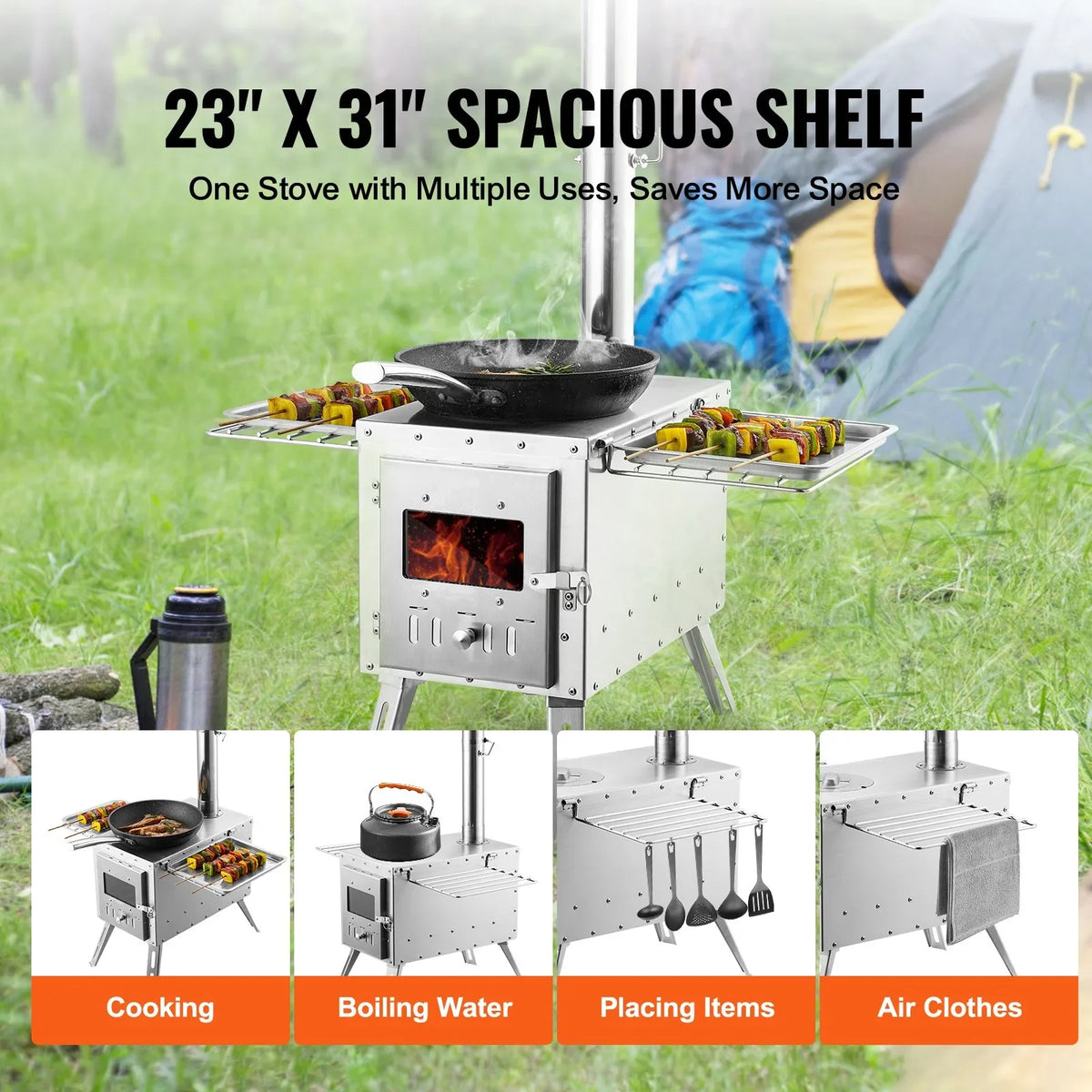 VEVOR Wood Stove, 86 inch, Stainless Steel Camping Tent Stove, Portable Wood Burning Stove with Chimney Pipes & Gloves, 1646in³Firebox Hot Tent Stove for Outdoor Cooking and Heating with 8 Pipes - View 2