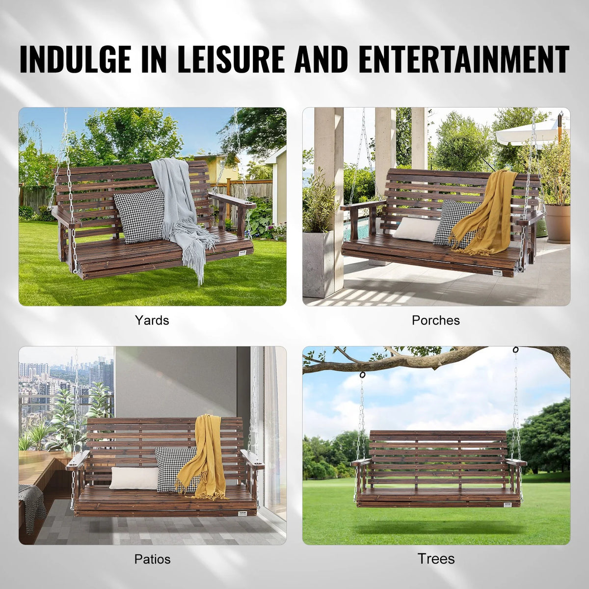 VEVOR Wooden Porch Swing 4.5 ft, Patio bench swing for Courtyard & Garden, Upgraded 880 lbs Strong Load Capacity, Heavy Duty Swing Chair Bench with Hanging Chains for Outdoors, Carbonized Brown - View 5
